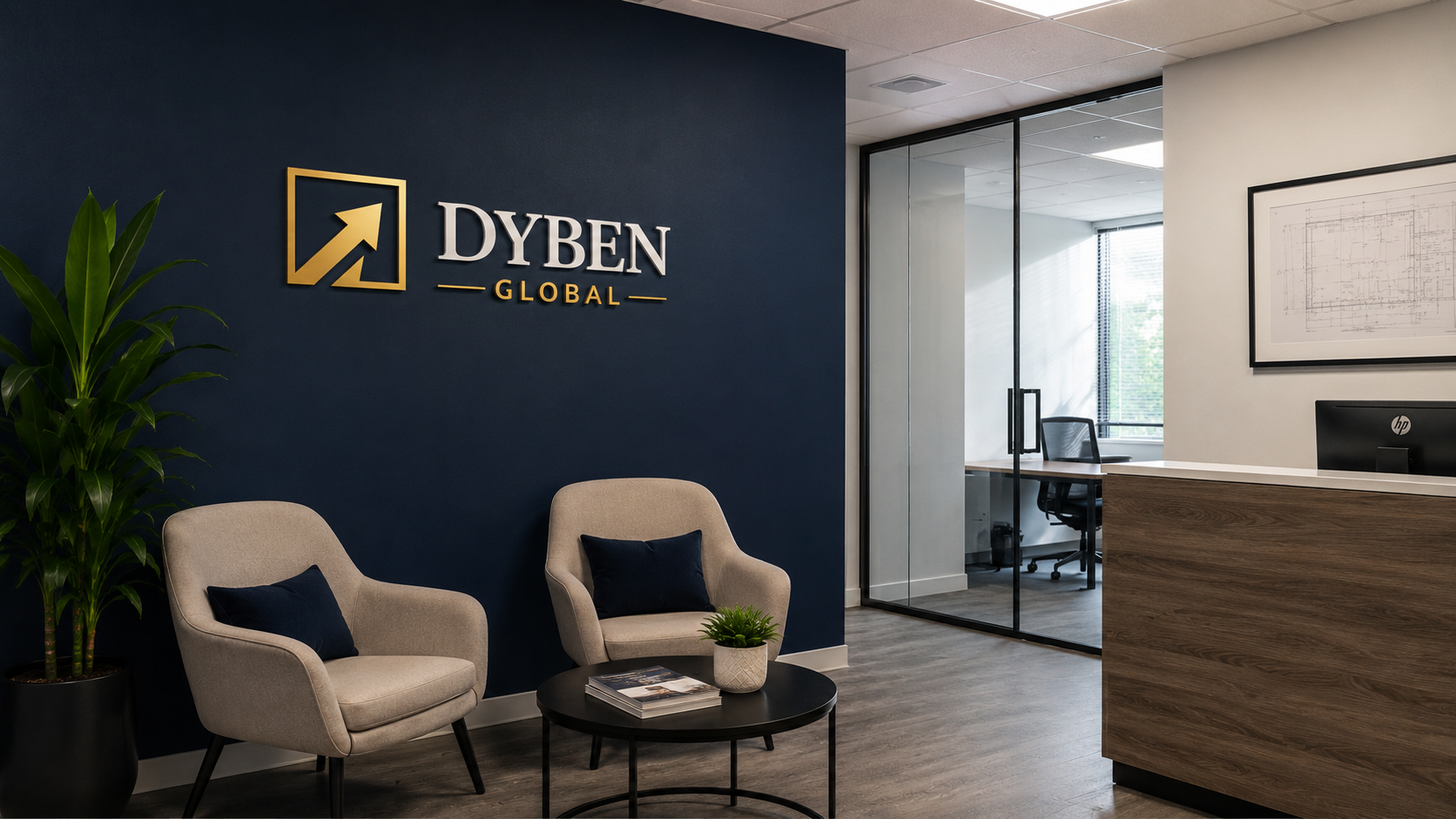 DYBEN Global office reception with navy accent wall and company logo.